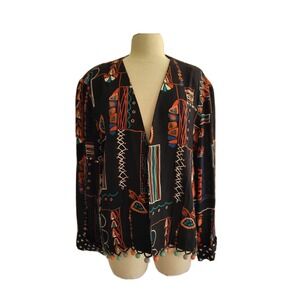 Vtg A.K.F. New York Pop Art Print Beaded Cardigan Top (B2)